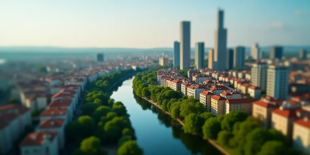 a city with tall buildings and lots of trees in the foreground and a river running through it in the