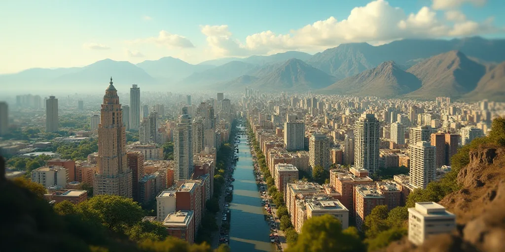 a city with tall buildings and mountains in the background, from a bird's eye view of a city, Diego