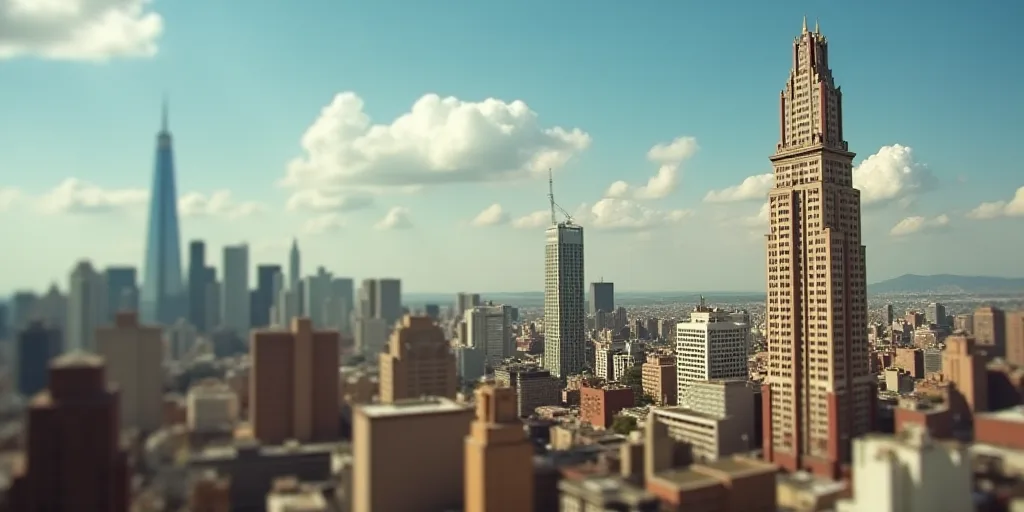 a city with tall buildings and a sky scraper in the background with a few clouds in the sky, David A