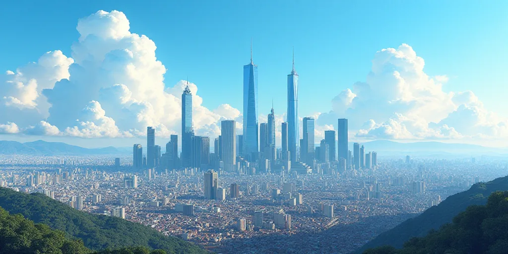 a cityscape with a lot of tall buildings and a blue sky in the background with a few clouds, Carlos