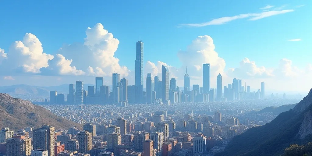 a cityscape with a lot of tall buildings in the background and a blue sky in the foreground, Carlos