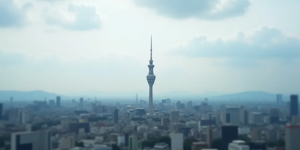 a cityscape with a very tall tower in the distance and a cloudy sky in the background with a few clo