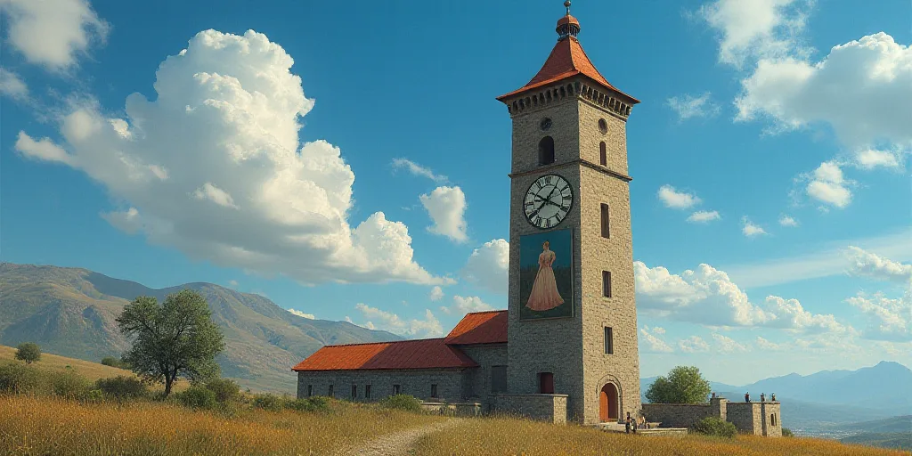 a clock tower with a painting of a woman on it's face and a blue sky in the background, Cimabue, mat
