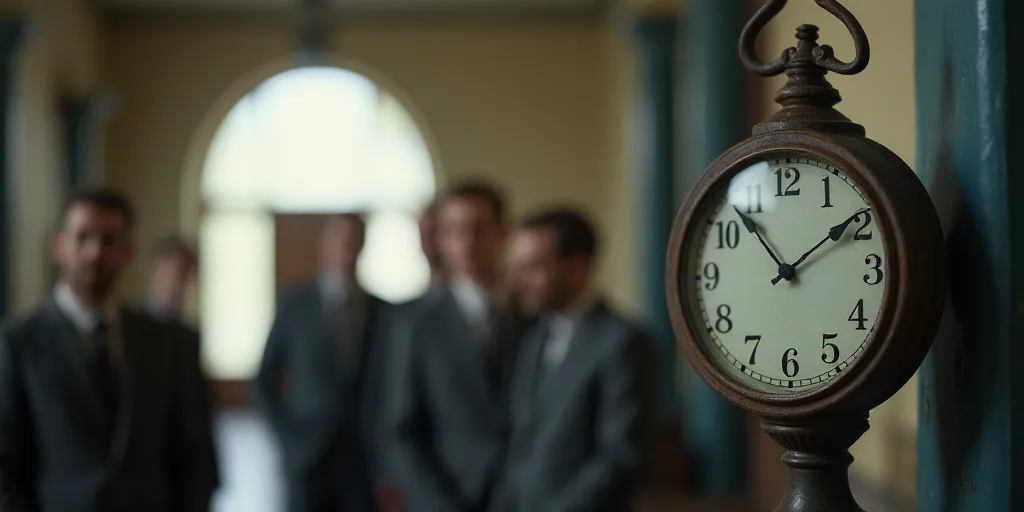 a clock with a group of men in the background with a blurry image of a clock face in the foreground,