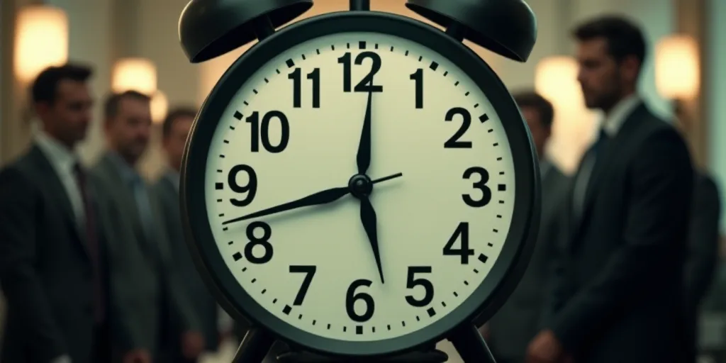 a clock with a group of men in the background with a blurry image of a clock face in the foreground,
