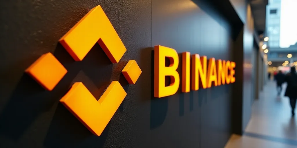 a close up of a binance logo on a wall with red and yellow colors and a bear and arrow, ESAO, 4k, a