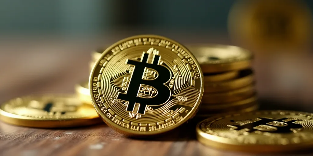 a close up of a bit coin on a table with other coins in the background and a bit coin on the table,