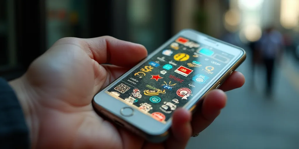 a close up of a cell phone with many different stickers on it's screen and a person holding a cell p