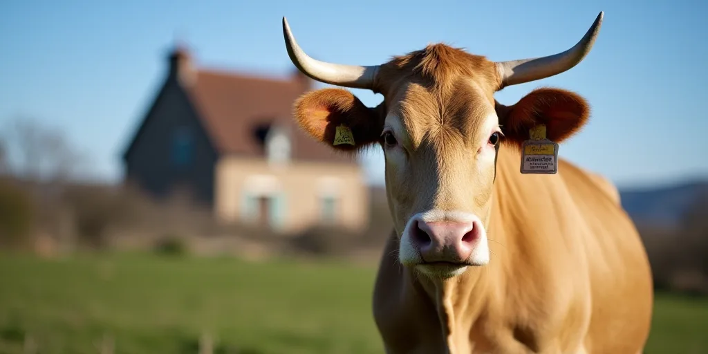 a close up of a cow with a tag on its ear and a building in the background with a blue sky, Clovis T