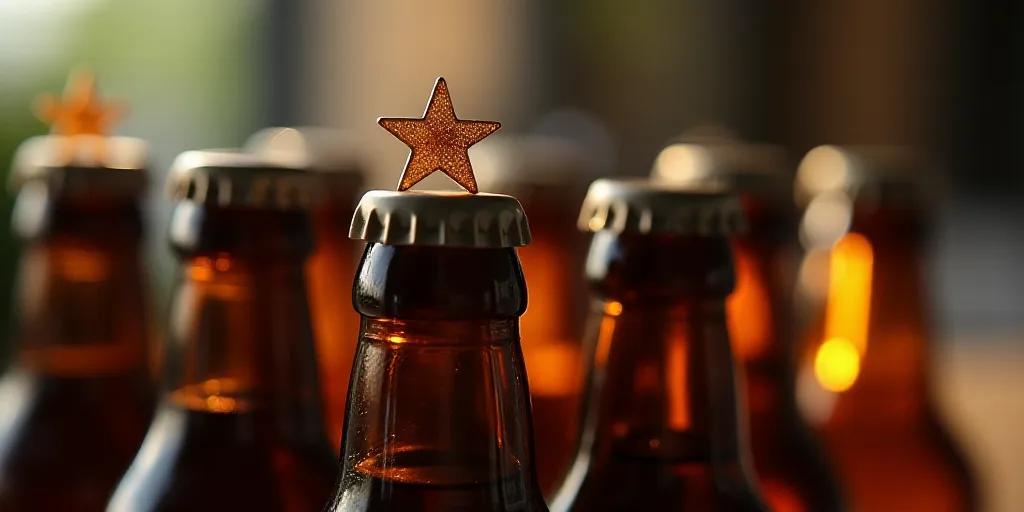 a close up of a group of beer bottles on a table with a star on the top of the bottle, Allaert van E