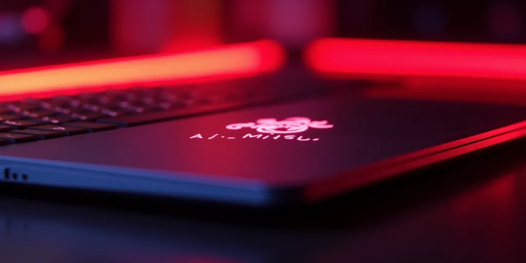 a close up of a laptop with a logo on it's keyboard and a red light behind it, Ai-Mitsu, raytracing,