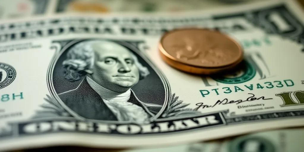 a close up of a one dollar bill with a coin on top of it, with the image of george washington, Benja