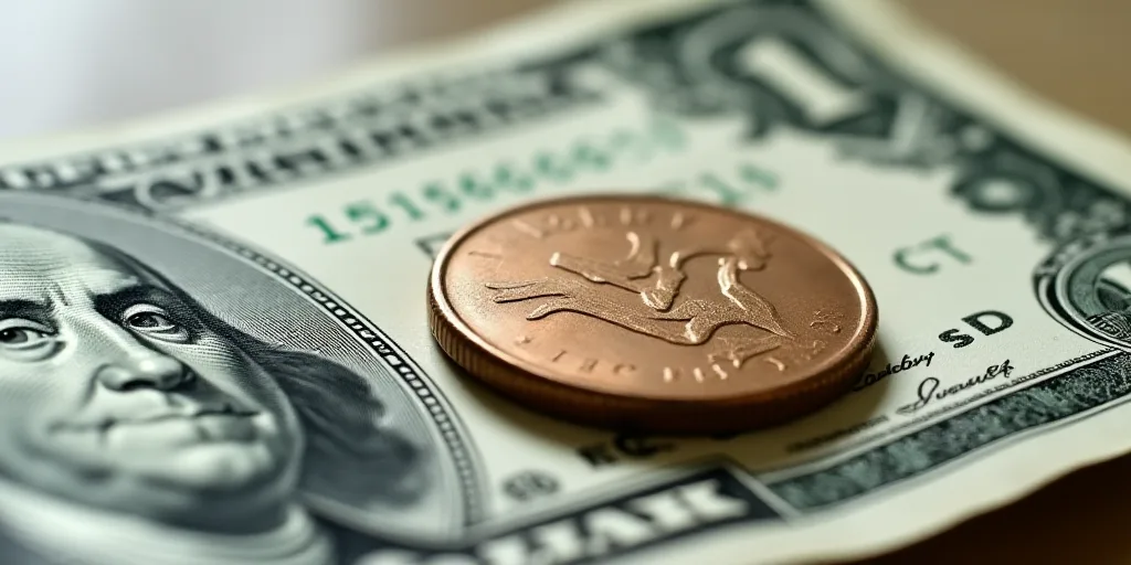 a close up of a one dollar bill with a coin on top of it, with the image of george washington, Benja