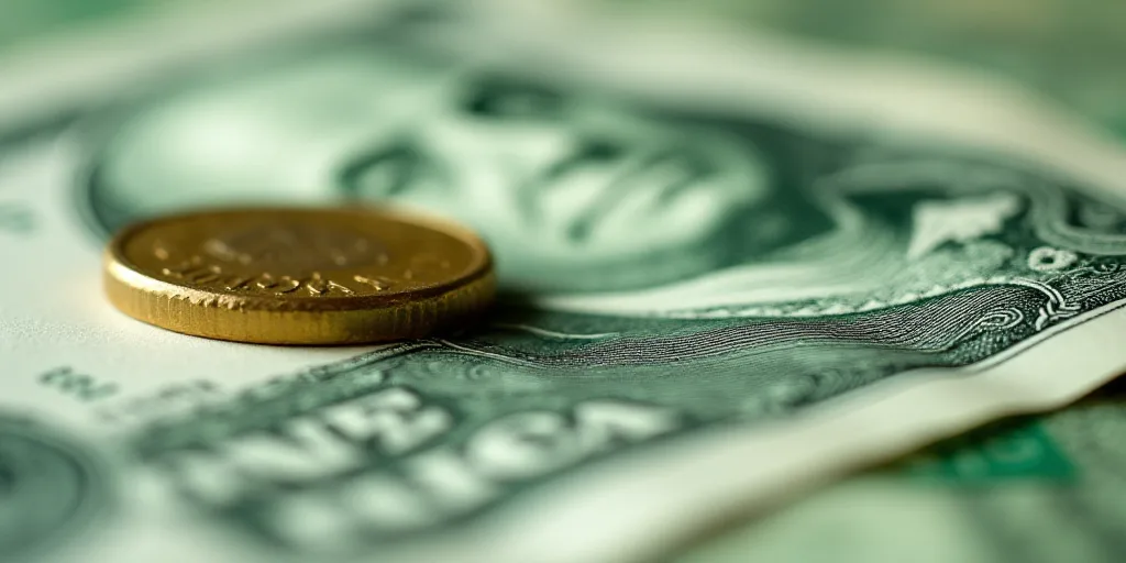 a close up of a one dollar bill with a coin on top of it and a green and white background, Aquirax U