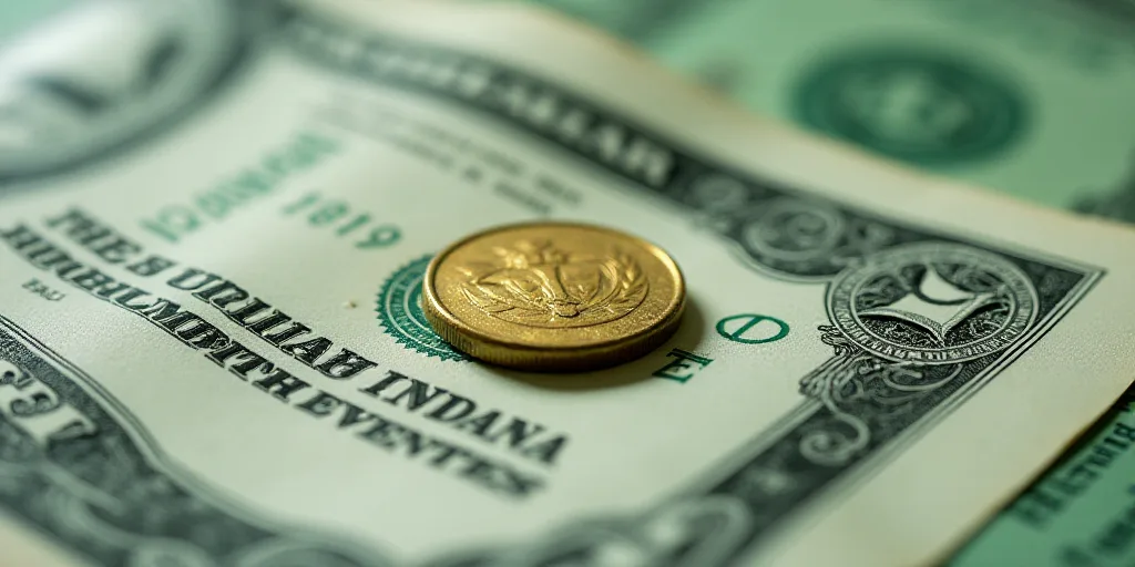a close up of a one dollar bill with a coin on top of it and a green and white background, Aquirax U