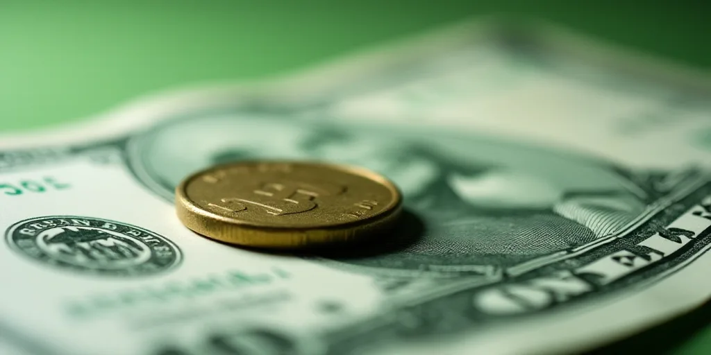 a close up of a one dollar bill with a coin on top of it, with a green and white background, Aquirax