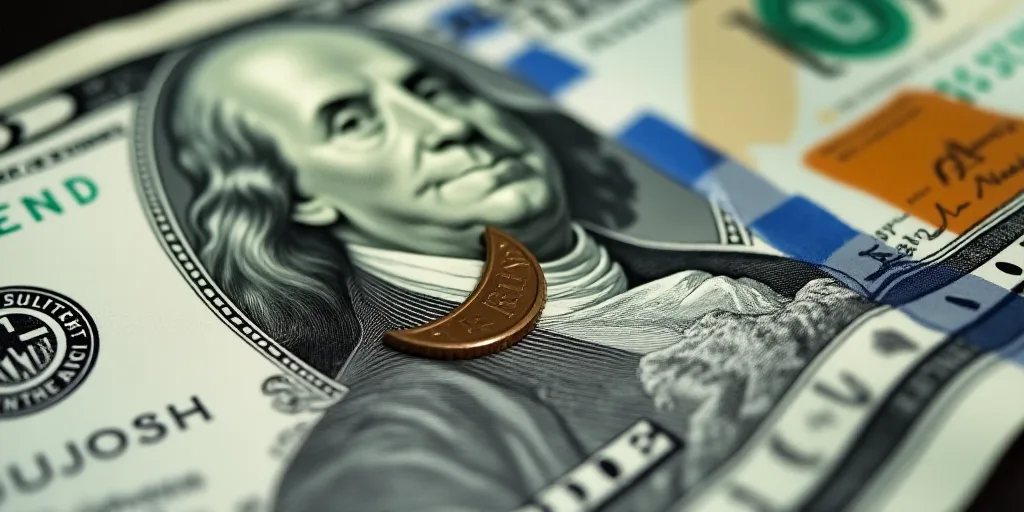 a close up of a one dollar bill with a coin on top of it, with the image of george washington, Benja