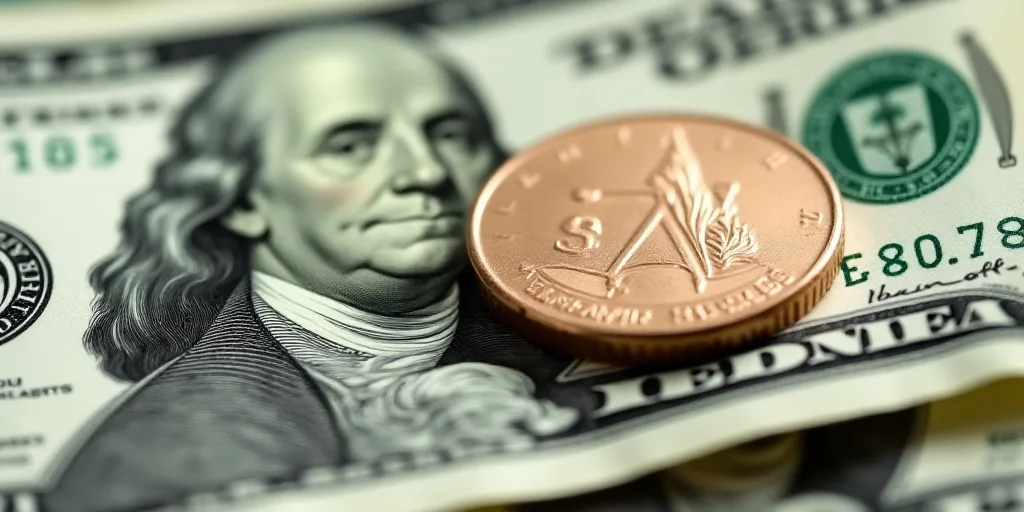 a close up of a one dollar bill with a coin on top of it, with the image of george washington, Benja