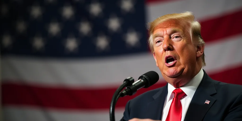 a close up of a person speaking into a microphone with an american flag in the background and a micr