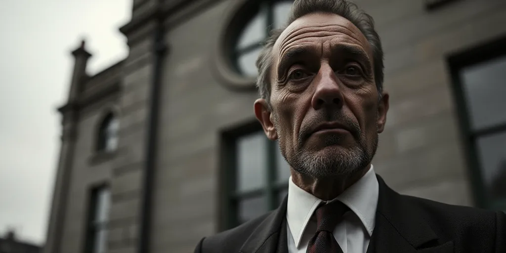 a close up of a person wearing a suit and tie with a building in the background and a circular windo