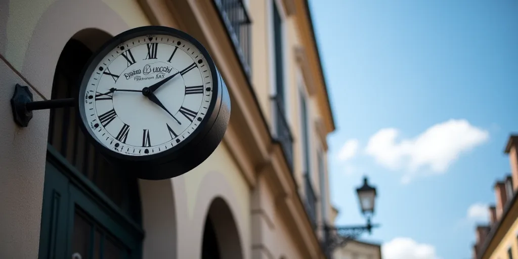 a close up of a sign on a building with a sky background and a building with a clock on it, Enzo Cuc