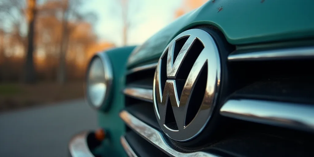 a close up of a volkswagen emblem on a car grill grills and grilles are visible in the background, B