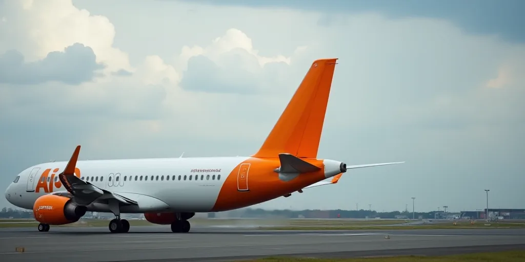 a close up of the tail end of a plane on a runway with a cloudy sky in the background, Ei-Q, orange,