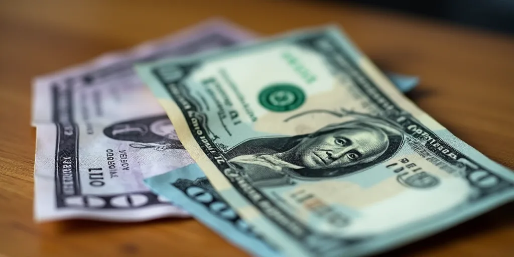 a close up of two different bills on a table with a wooden surface in the background, one of which i