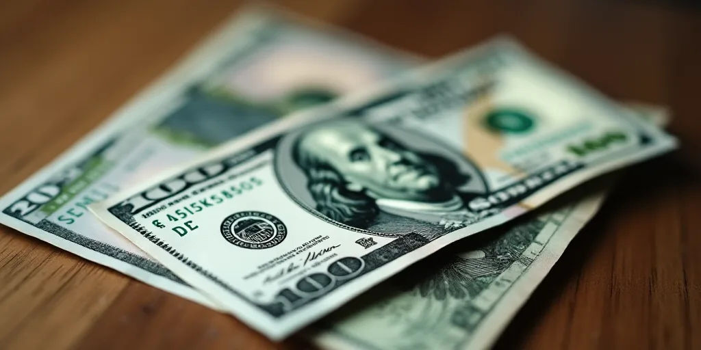 a close up of two different bills on a table with a wooden surface in the background, one of which i