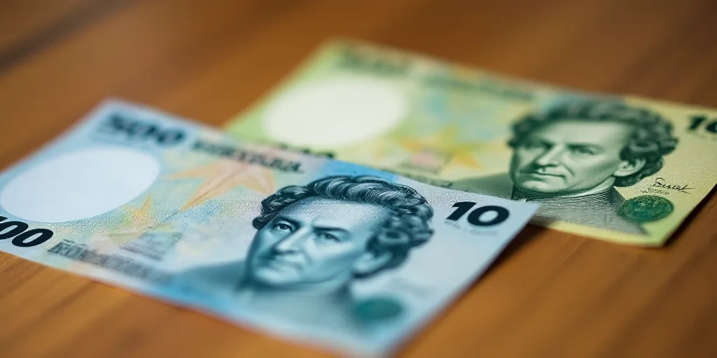 a close up of two different bills on a table with a wooden surface in the background, with a wooden