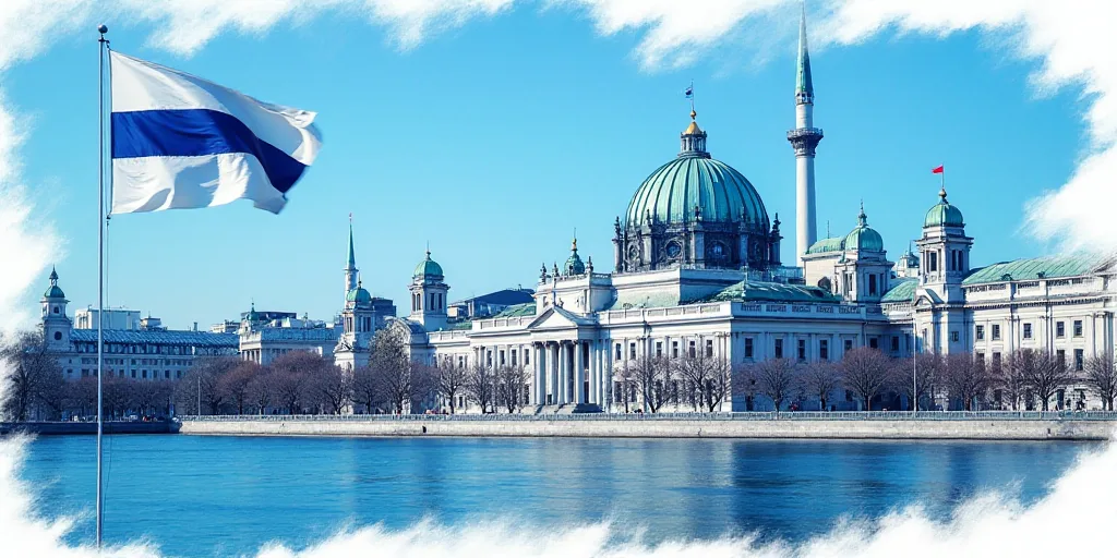 a collage of a city with a blue sky and a blue and white flag and a blue and white building, Carlos