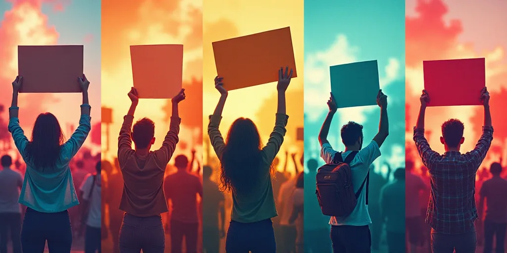 a collage of images with people holding up signs and a woman with a phone in her hand and a man with