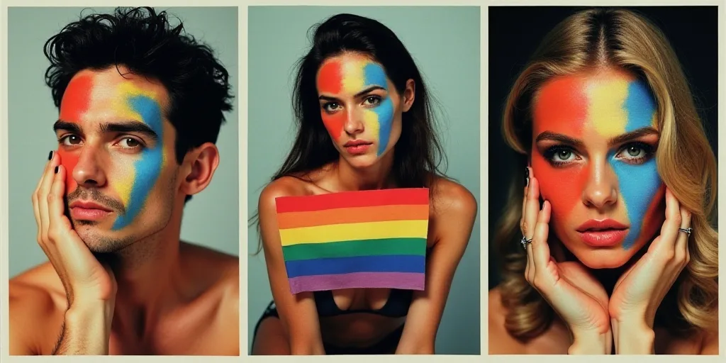 a collage of photos of a man and woman with rainbow painted on their faces and hands, and a woman ho