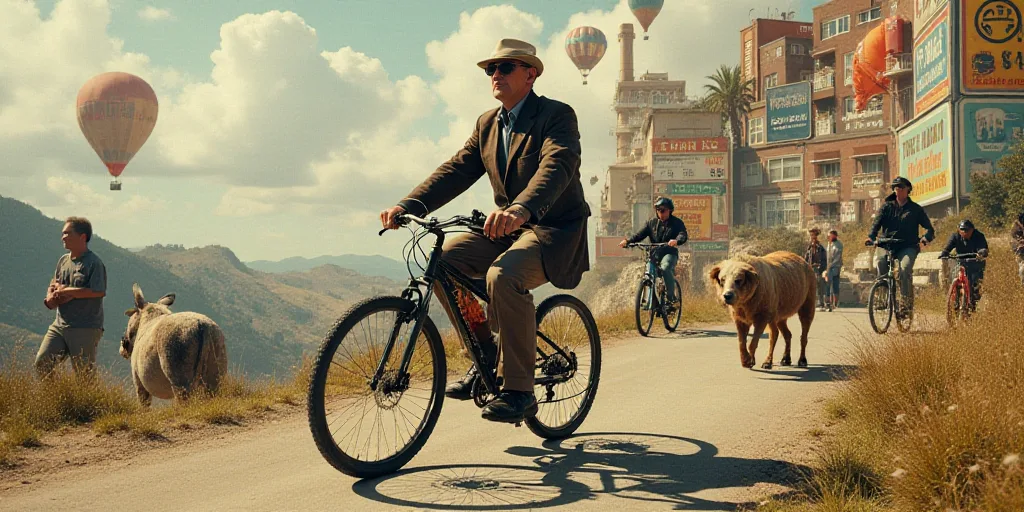a collage of photos with people and animals in them and a man on a bike in the background, Buckminst