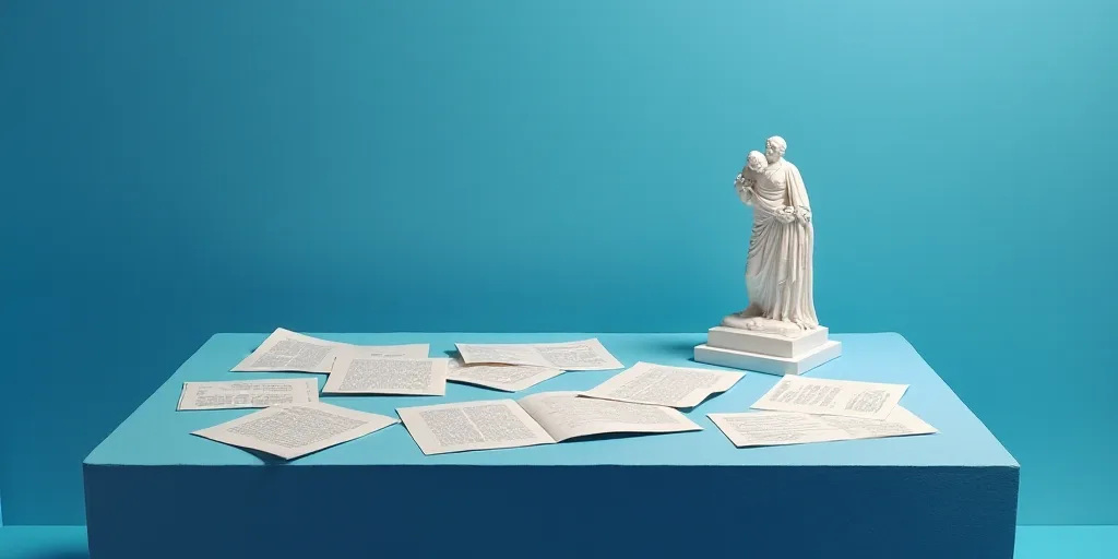 a collection of papers and a statue on a table with a blue background and a blue background with a w
