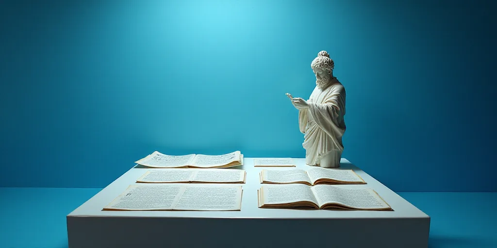 a collection of papers and a statue on a table with a blue background and a blue background with a w