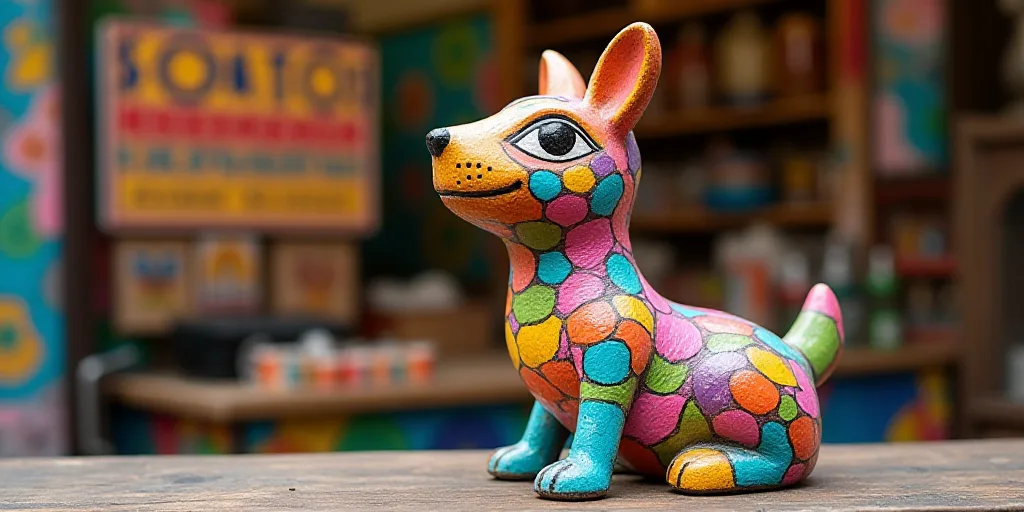 a colorful animal statue on a table in front of a sign that says somos gerimensi, Carlos Catasse, fu