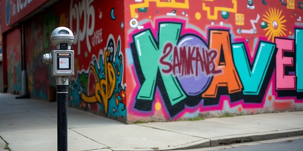 a colorful display of art on a street corner with a parking meter in the foreground and a red and wh