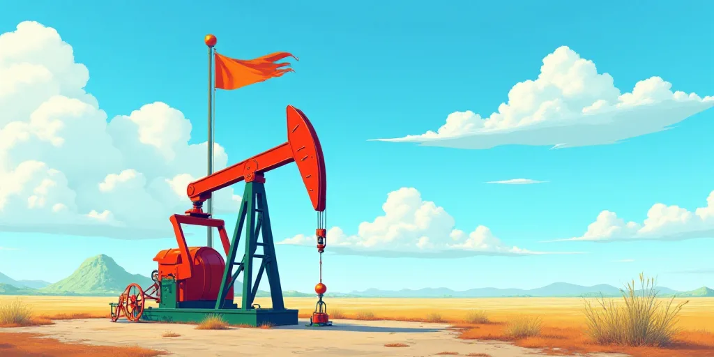 a colorful oil pump with a flag on top of it and a blue sky in the background with clouds, Dahlov Ip