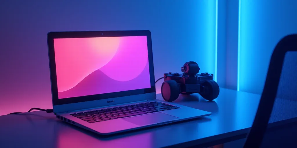 a computer and a laptop on a table with a neon background and a blue background with a neon glow, Be