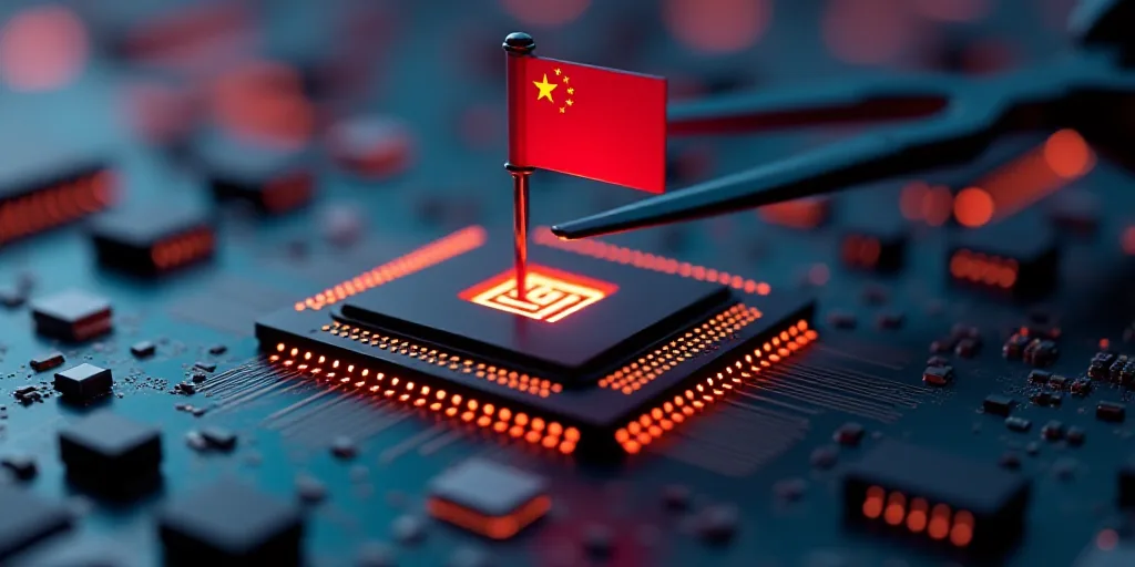 a computer chip with a flag on it being sold by a pair of scissors on top of it with a computer chip