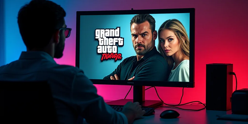a computer screen with a picture of a man and woman on it and a logo for the grand theft auto show,