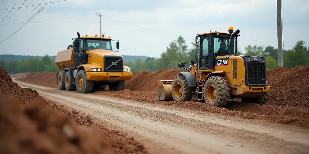 a construction site with a bulldozer and a truck in the background and a construction crew in the fo