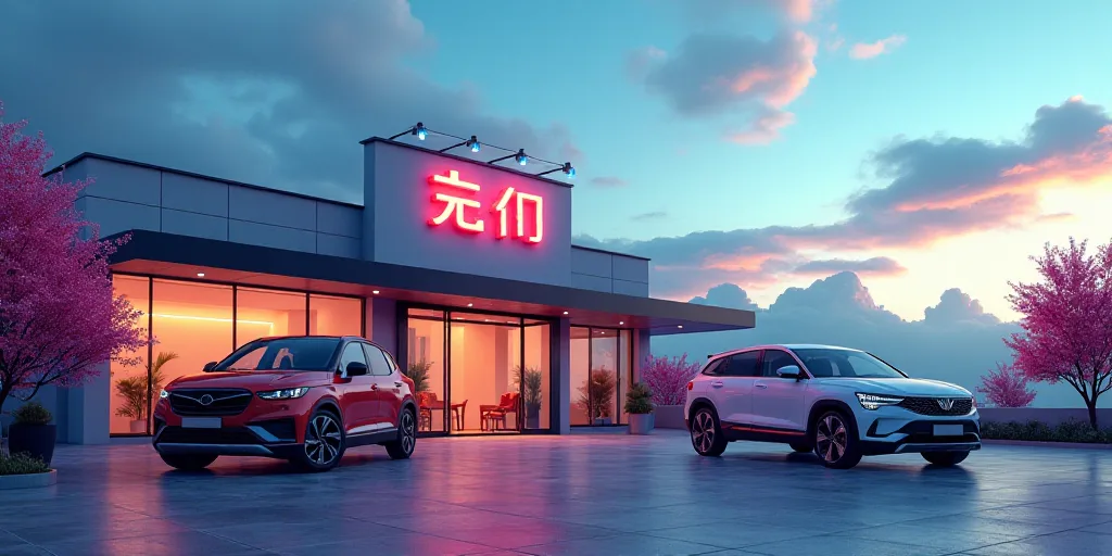 a couple of cars parked in front of a building with a sky background and a sign that says geely, Cui