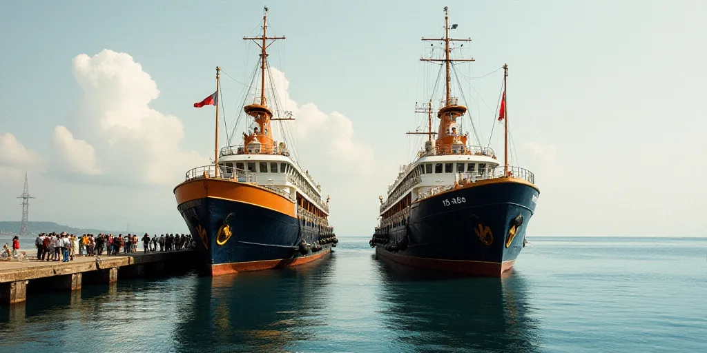 a couple of large boats sitting next to each other on a pier with people standing on the deck of the