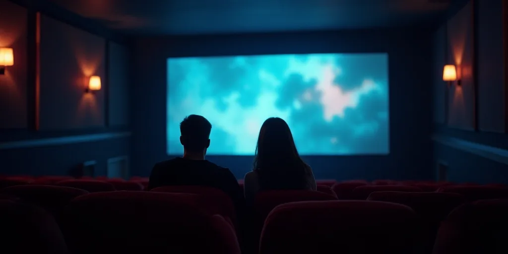 a couple of people sitting in a movie theater watching a movie on a screen with a projector screen,