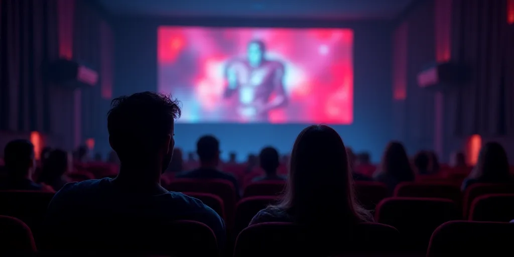 a couple of people sitting in a movie theater watching a movie on a screen with a projector screen,