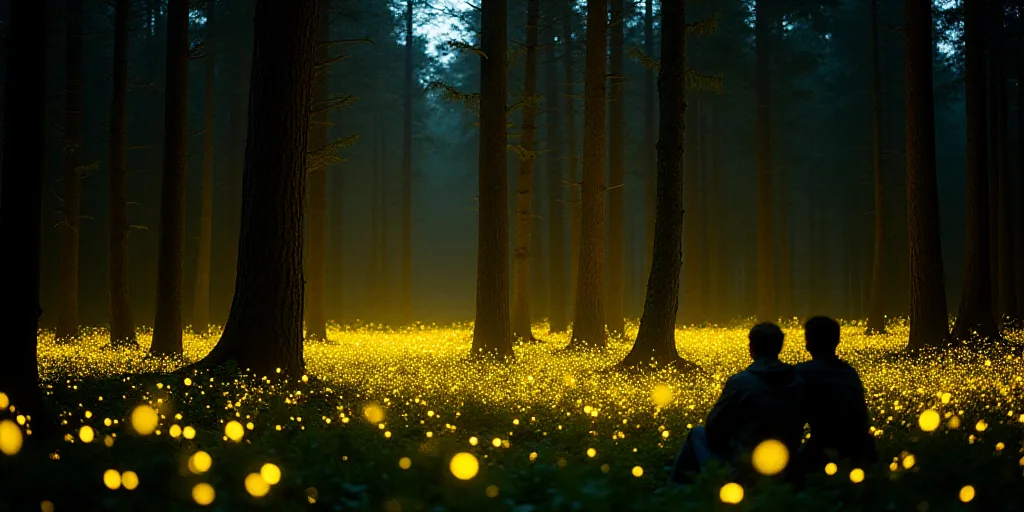 a couple of people sitting on a forest floor next to a forest filled with yellow fireflies and trees