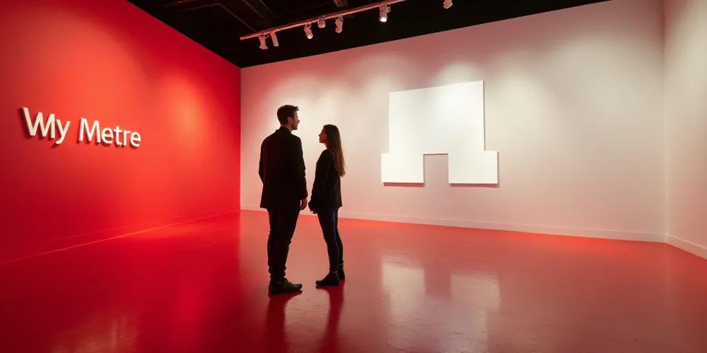 a couple of people standing next to a sign on a wall in a building with a red carpet and a red and w
