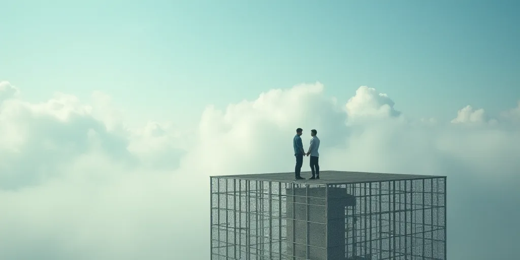 a couple of people standing on top of a metal structure with a sky background and clouds in the back